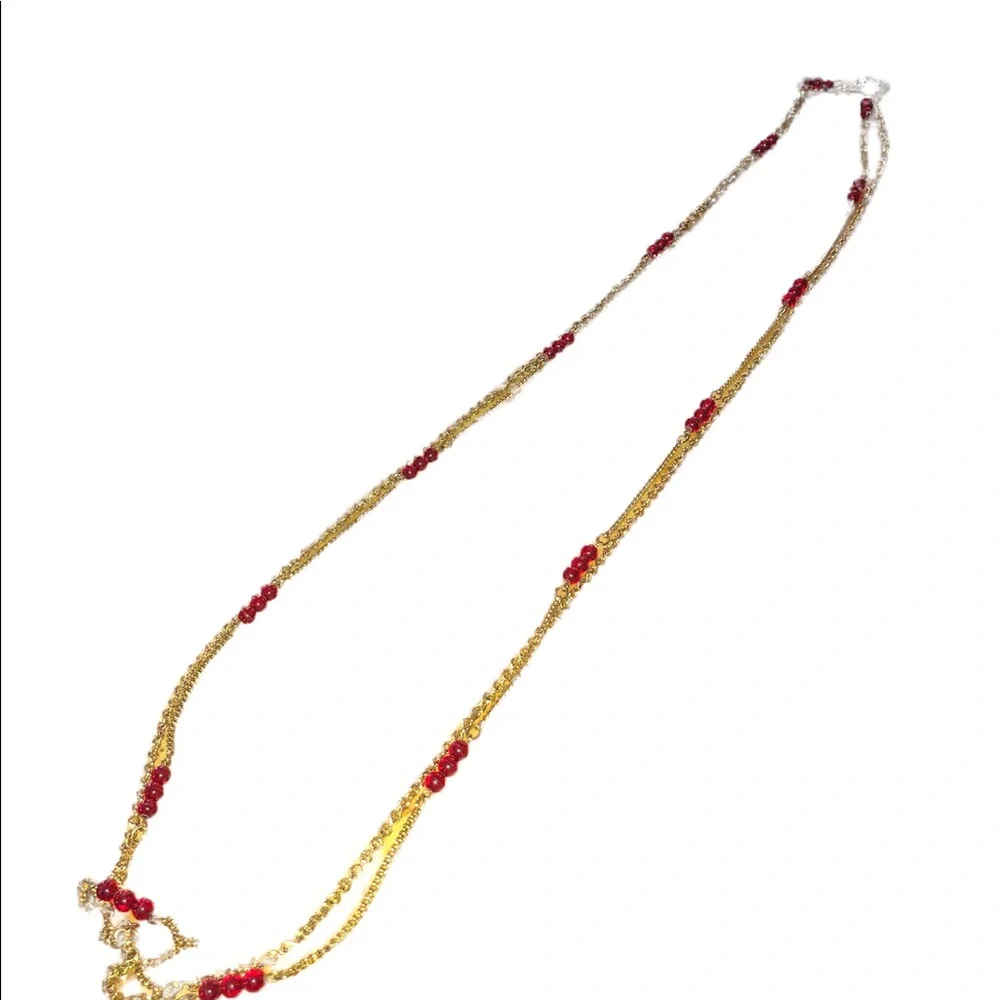 Disco Long Gold‎ Tone Chain Red Glass Bead Necklace